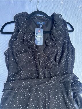 Chaps Black Polka Dot Ruffle Dress with Waist Tie